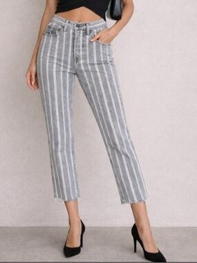 Boyish THE TOMMY high rise straight leg Crop jean 24 grey striped raw hem button